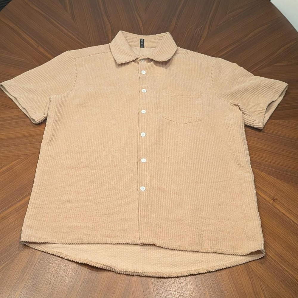 Zaful Button Up Shirt Mens Tan Excellent Corduroy Ribbed Short Sleeve S 20x27